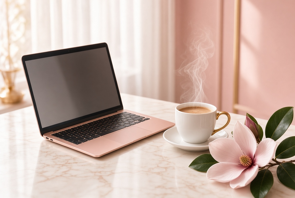 Rose gold laptop, coffee, and blush flower on a cream desk