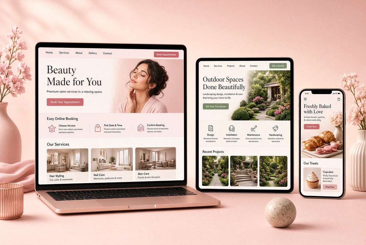 Example small business websites on laptop, tablet, and phone